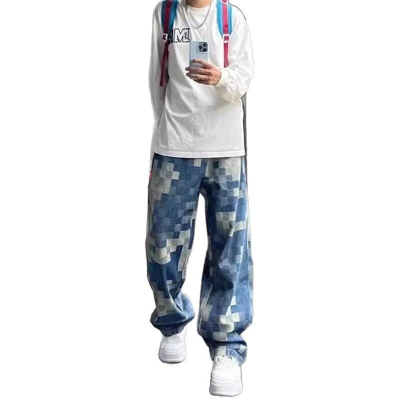 Men's Loose-Fit American-Style Printed Denim Jeans