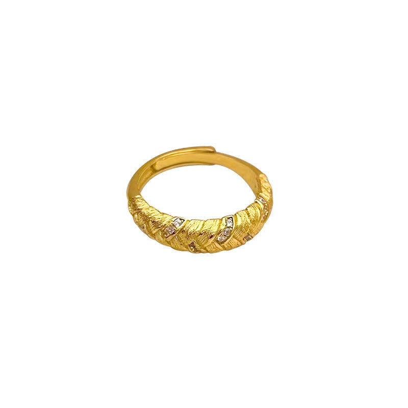 S925 Sterling Silver Brushed Woven Wheat Ear Ring For Women, Light Luxury Vintage Style, Heavy Craft Texture Twist Finger Ring
