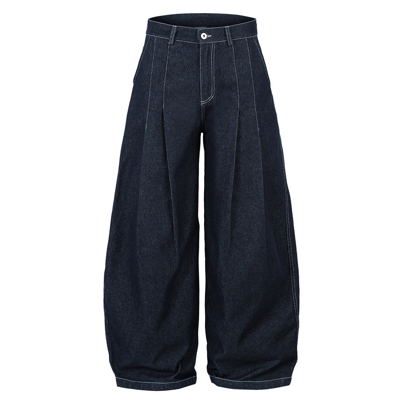 Men's High Waist Wide Leg Cut Off Denim Shorts - Blue Pleated Straight Fit Cotton Blend Jeans for Spring and Autumn