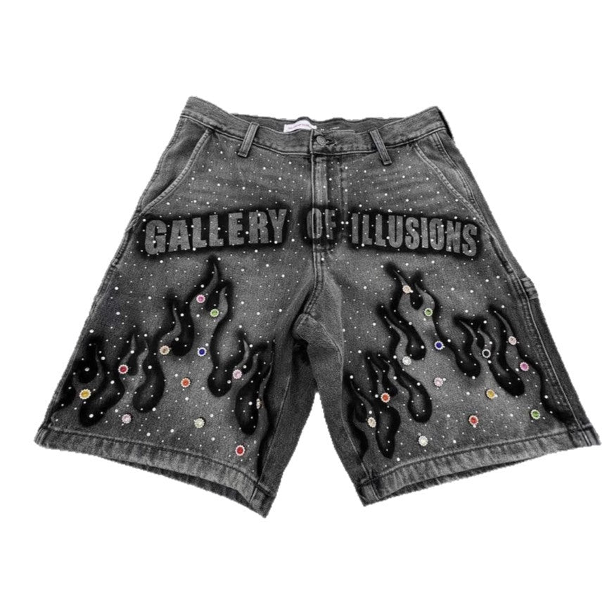 Men's Printed Rhinestone-Embellished Loose Cropped Shorts