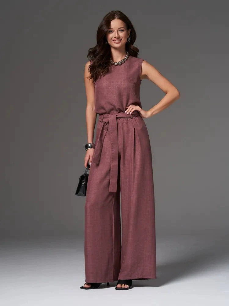 Ensemble pantalon large sans manches pour femme