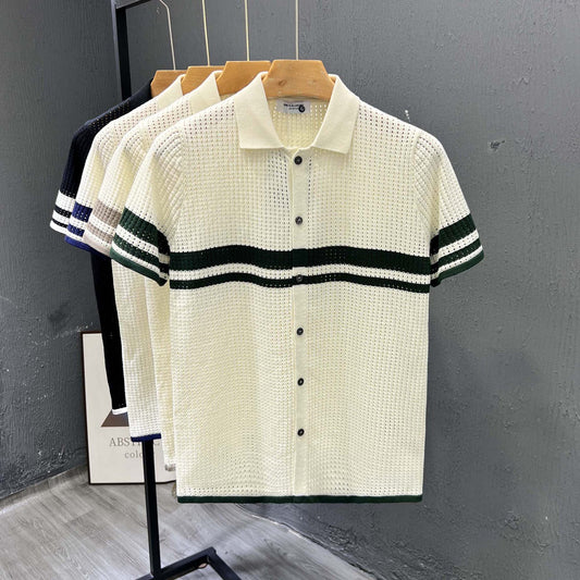 Light-luxury Striped Hollow-out Knit Cardigan With Short Sleeves