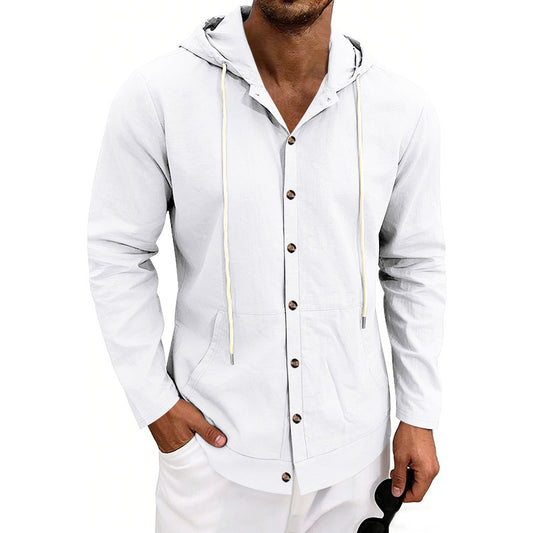 Loose-fit Men's Linen Casual Hooded Long-Sleeve Shirt