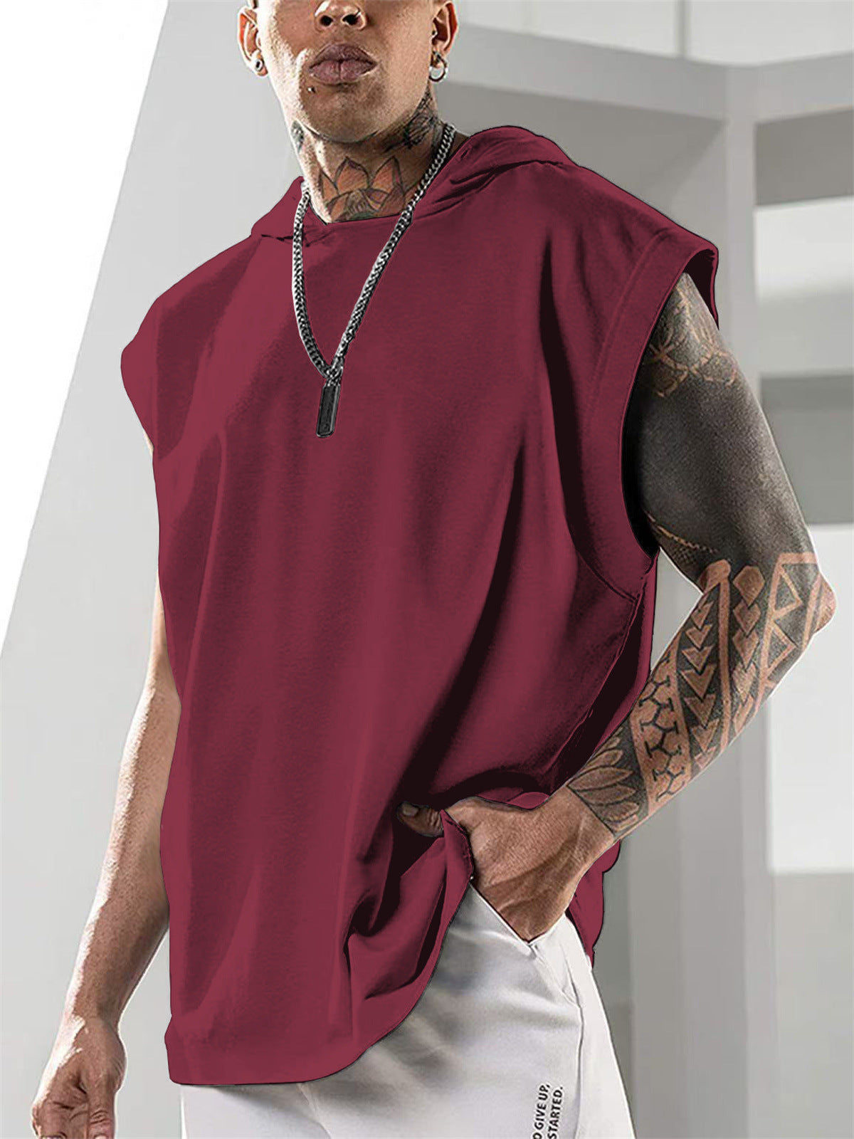 Summer Mens Sleeveless Loose Fitness Hooded Sports Vest