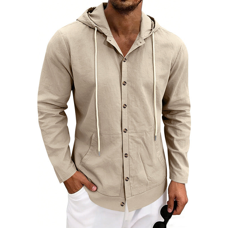 Loose-fit Men's Linen Casual Hooded Long-Sleeve Shirt