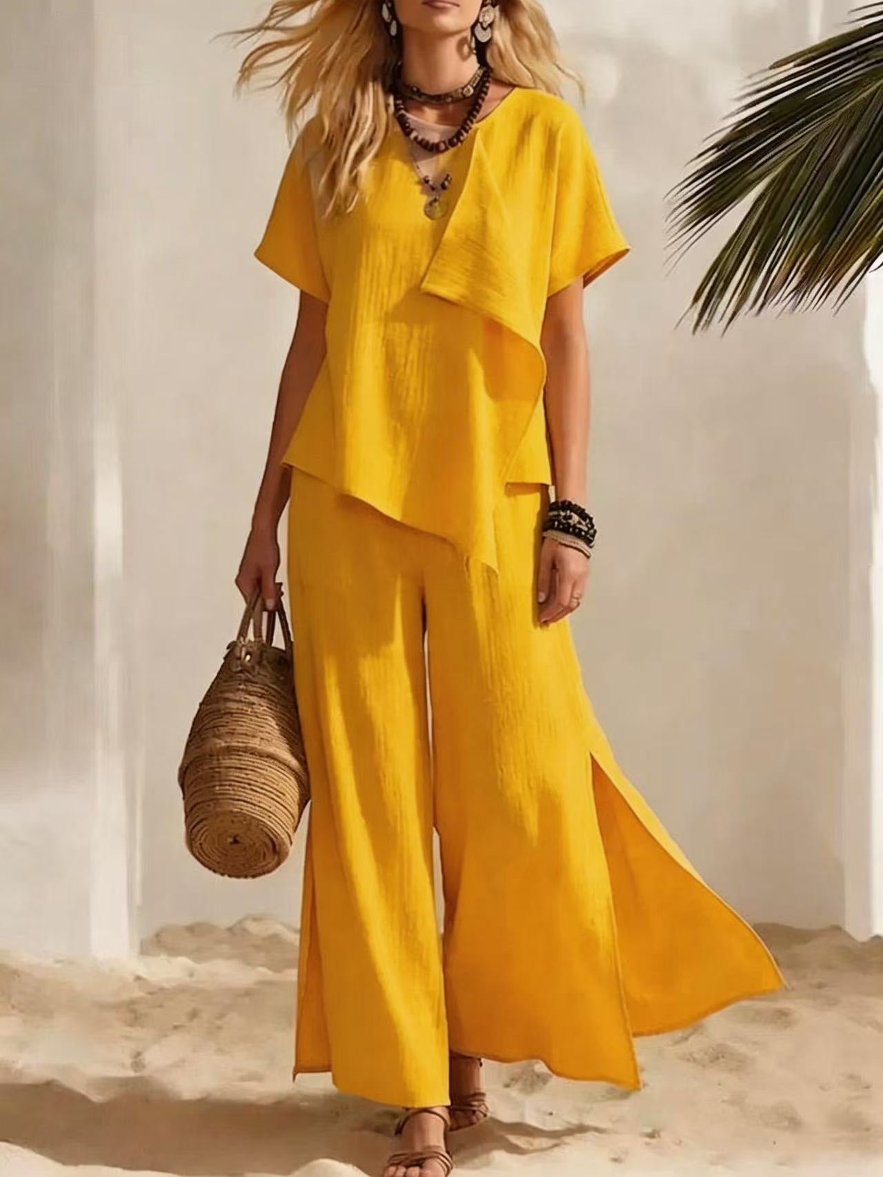 Casual Asymmetrical Short-sleeve Top And Slit Wide-leg Pants Set
