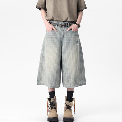 Workwear Striped Capri Denim Shorts