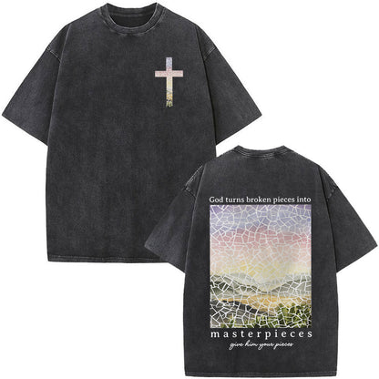 Fashionable Retro Cross Washed Short-Sleeve