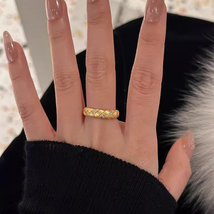 S925 Sterling Silver Brushed Woven Wheat Ear Ring For Women, Light Luxury Vintage Style, Heavy Craft Texture Twist Finger Ring