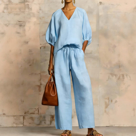 Womens Loose Solid-Colored V-Neck Half-Sleeve Top And Wide-Leg Pants Set
