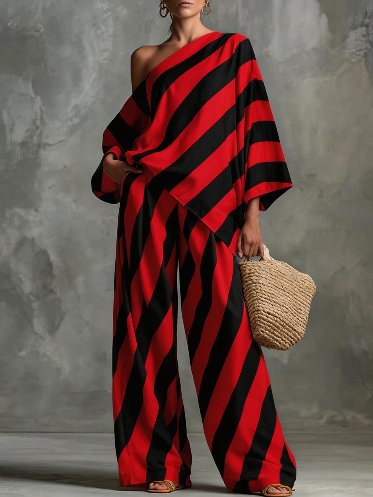 Retro Striped Printed Chiffon Top And Wide-leg Pants Set