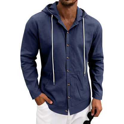 Loose-fit Men's Linen Casual Hooded Long-Sleeve Shirt