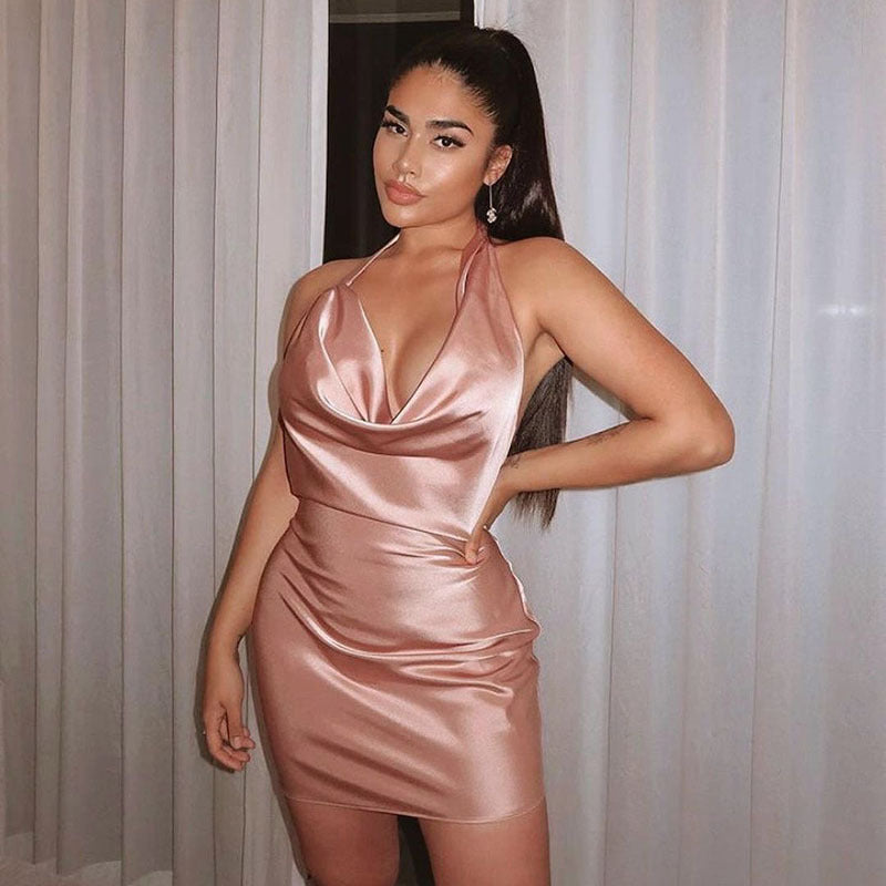 Robe de soirée en satin, col V, dos nu, mini sans manches, robe d'été