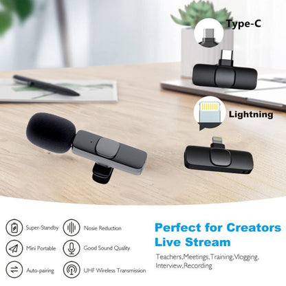 Microphone cravate sans fil : mini micro portable pour enregistrement audio et vidéo, compatible iPhone et Android. Batterie longue durée, idéal pour le direct (Live), le jeu vidéo et les créateurs de contenu.