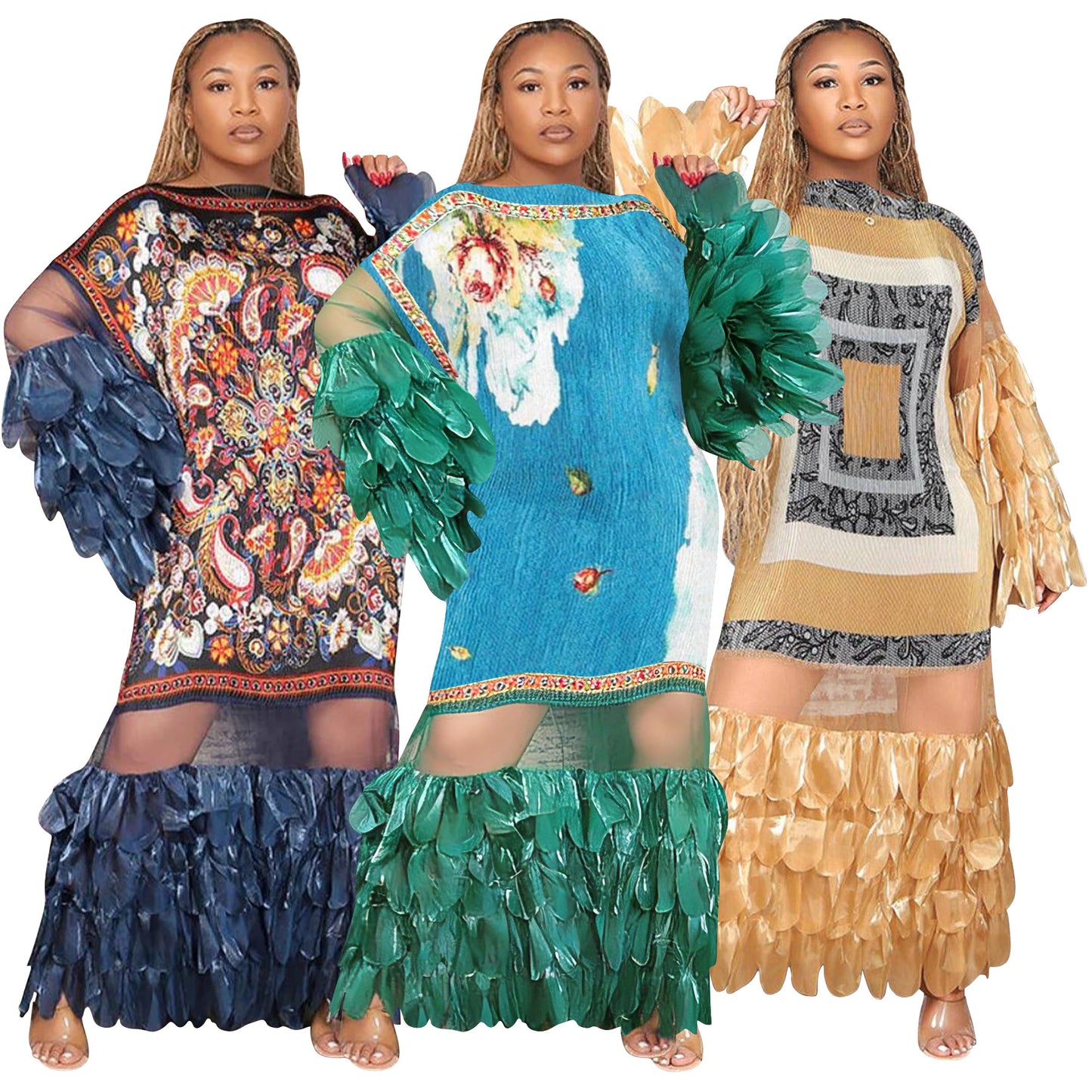 Feather-look Sheer Patchwork Pleated Dress