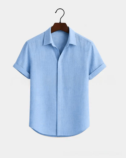Solid-color Short-sleeve Cotton-linen Shirt For Men
