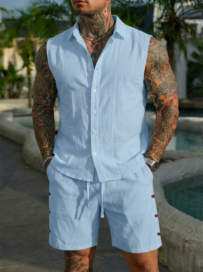 Men's Solid-Colored Linen Breathable Beach Set