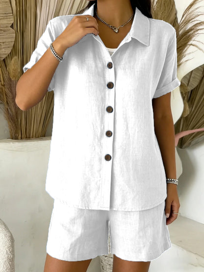 Casual Button-Up Cotton-Linen Womens Short-Sleeve Shirt Set