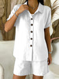 Casual Button-Up Cotton-Linen Womens Short-Sleeve Shirt Set