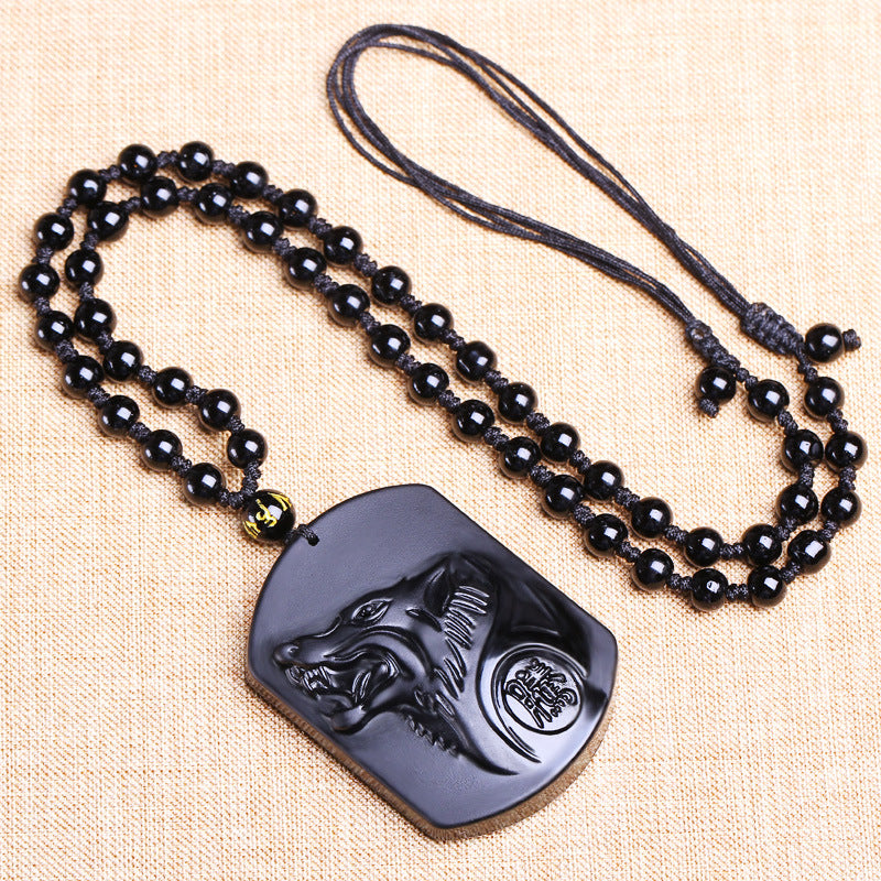 Collier Homme et Femme - Pierre Obsidienne Noire Naturelle - Le Loup qui Galope