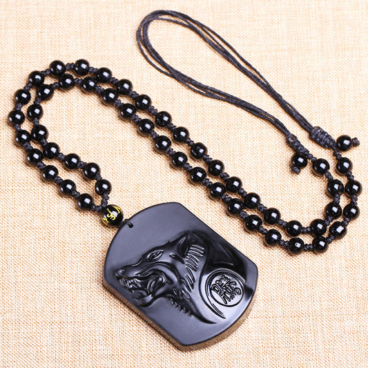 Collier Homme et Femme - Pierre Obsidienne Noire Naturelle - Le Loup qui Galope