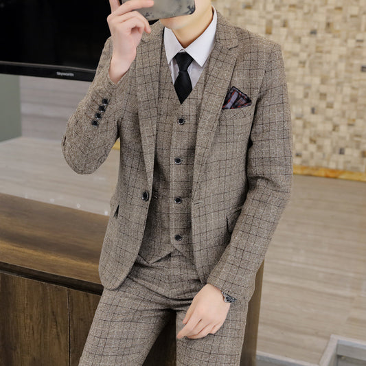 Men's Slim-fit Plaid Men's Three-piece Suit