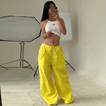 Solid-color Lace-up Loose-fitting Straight-leg Work Pants