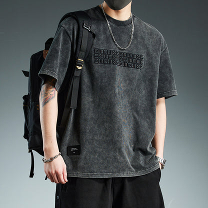 T-shirt à manches longues pour homme de style haut de gamme américain avec broderie lettrage.