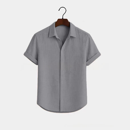 Solid-color Short-sleeve Cotton-linen Shirt For Men