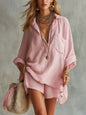 Ensemble tendance pour femme en coton et lin : chemise et short de plage avec poches.