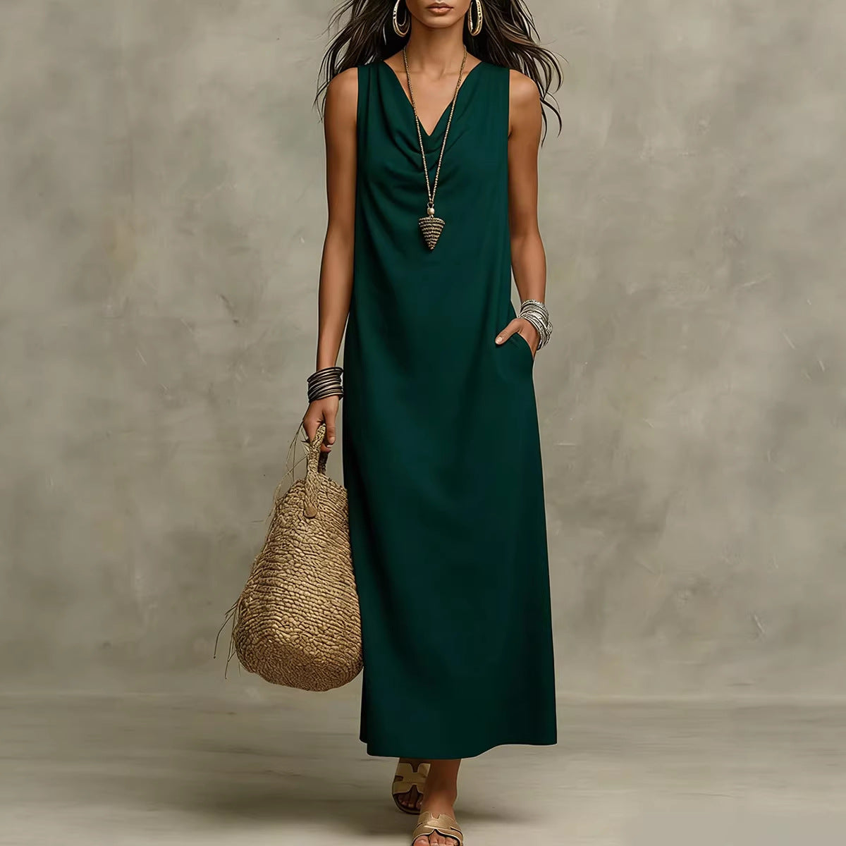 Robe sans manches ample, élégante et stylée à col en V