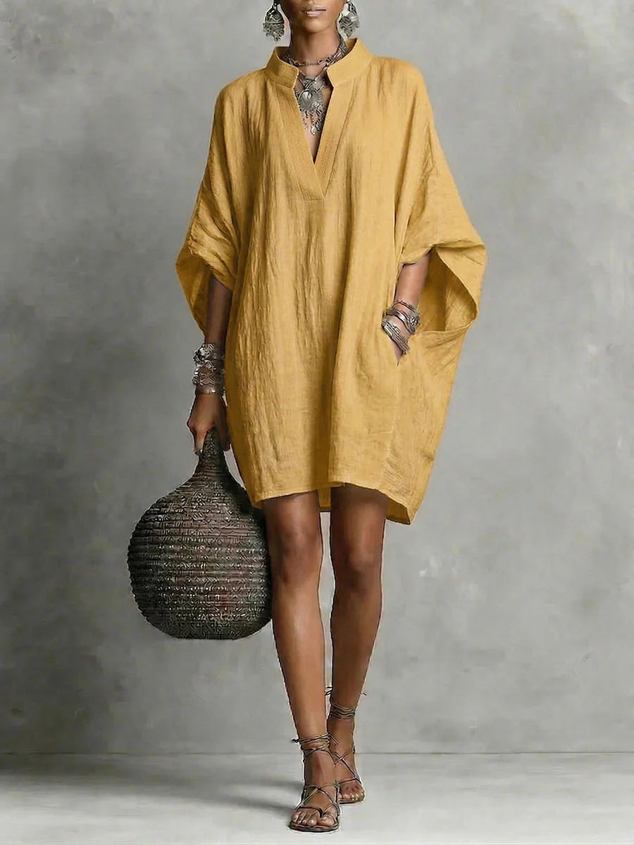 Womens SpringSummer Casual Mid-Sleeve Solid-Color Dress
