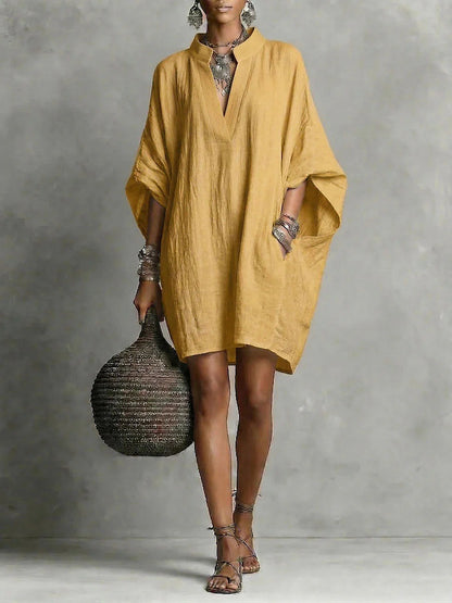 Womens SpringSummer Casual Mid-Sleeve Solid-Color Dress
