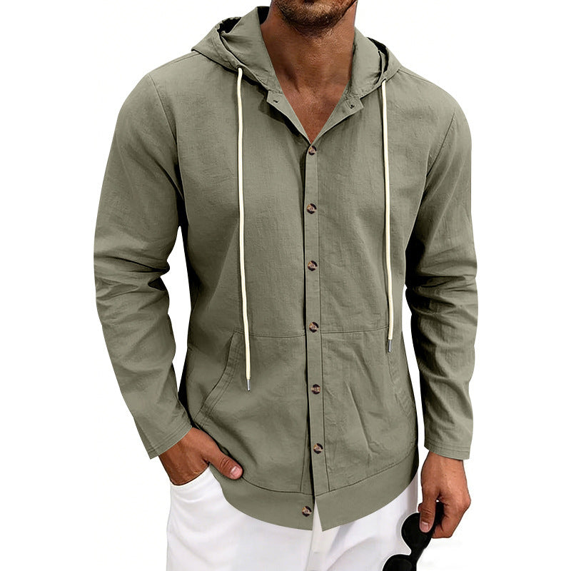 Loose-fit Men's Linen Casual Hooded Long-Sleeve Shirt