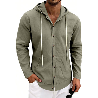 Loose-fit Men's Linen Casual Hooded Long-Sleeve Shirt