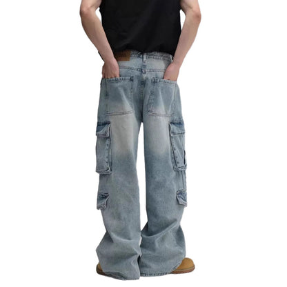 Washed Multi-Pocket Workwear Denim Jeans Mens Casual Wide-Leg Pants