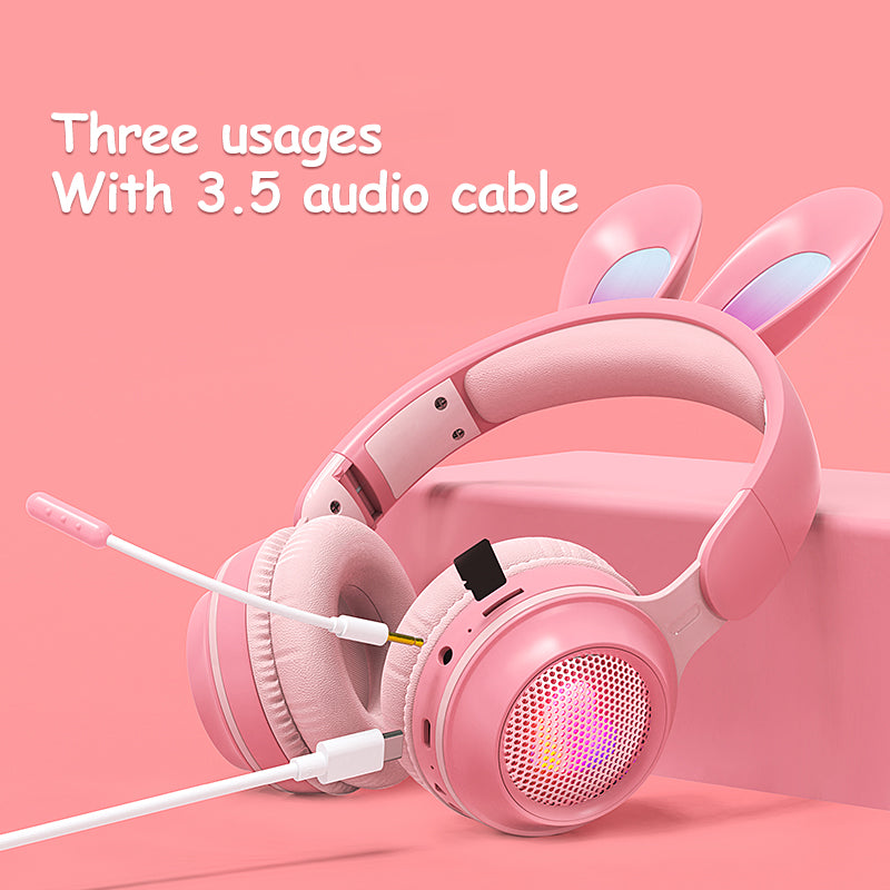Casque sans fil avec oreilles de lapin : lumineux, extensible et avec micro intégré.