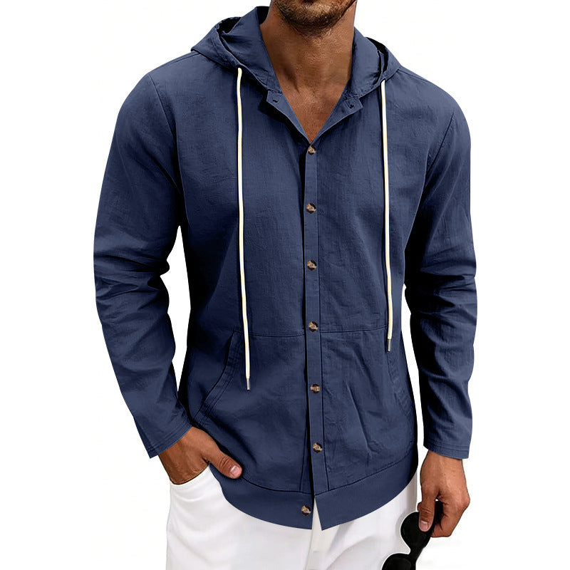 Loose-fit Men's Linen Casual Hooded Long-Sleeve Shirt