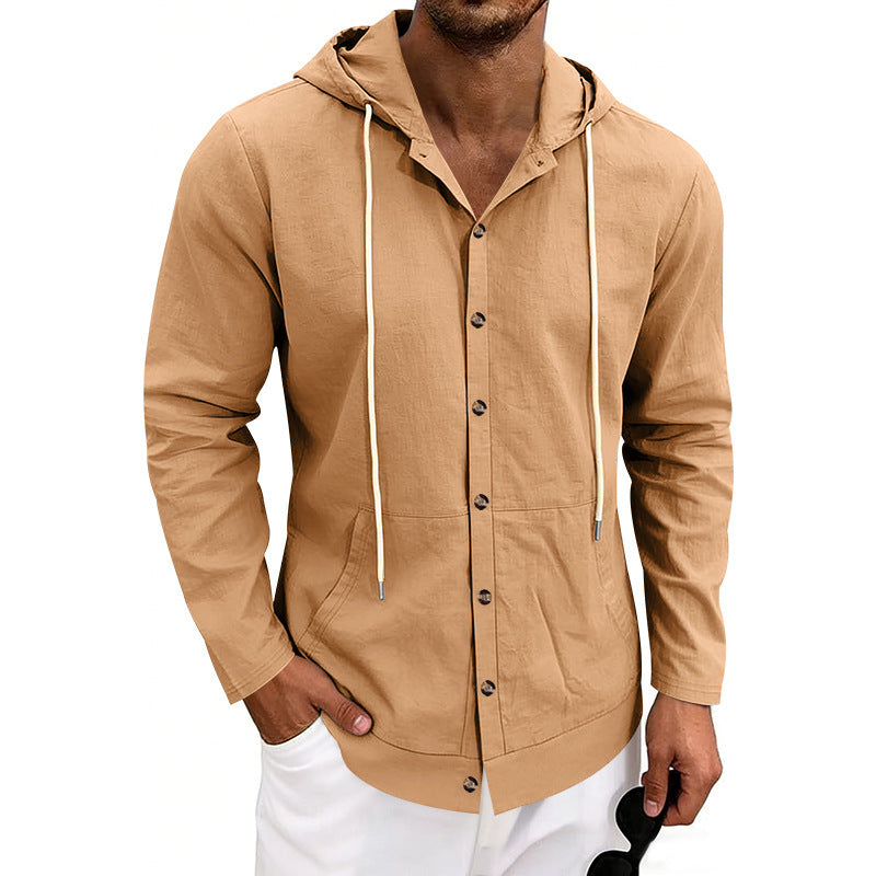 Loose-fit Men's Linen Casual Hooded Long-Sleeve Shirt