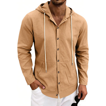 Loose-fit Men's Linen Casual Hooded Long-Sleeve Shirt