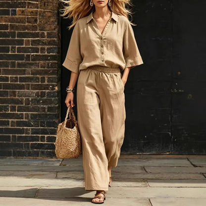 Womens Short-Sleeve Shirt And Loose Pants Two-Piece Set