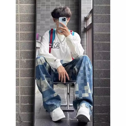 Men's Loose-Fit American-Style Printed Denim Jeans