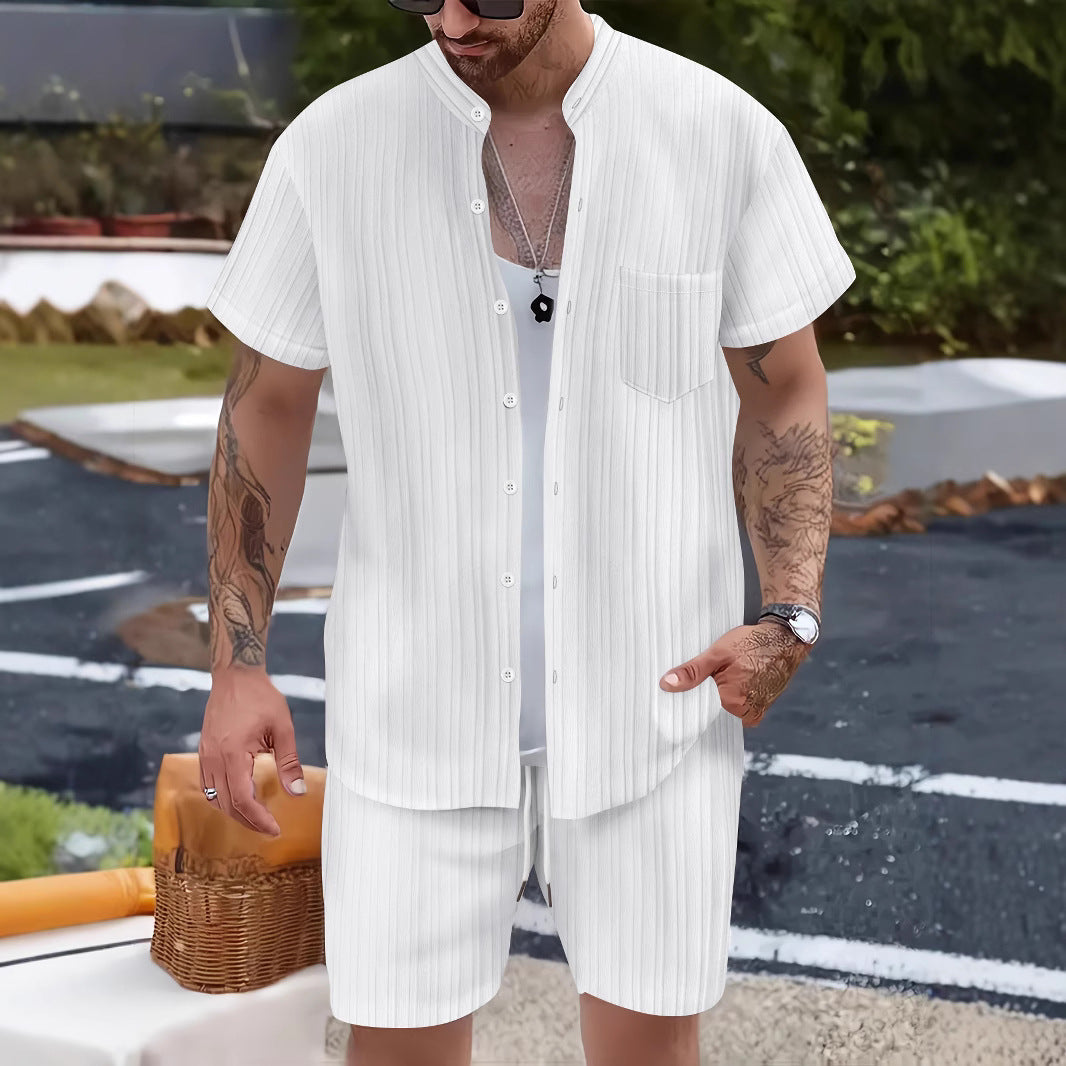 Fashionable Casual Stand Collar Pocket Short-Sleeve Shirt And Mens Shorts Two-Piece Set