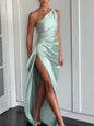 Robe d'été élégante et moulante en satin uni à une épaule et dos nu fendue, sexy et raffinée, pour femme