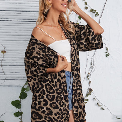 Sheer Leopard-Print Womens Casual Cardigan Coat