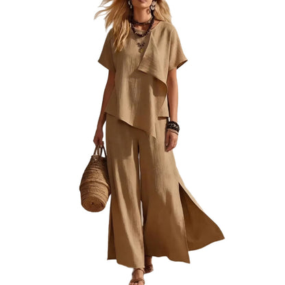Casual Asymmetrical Short-sleeve Top And Slit Wide-leg Pants Set