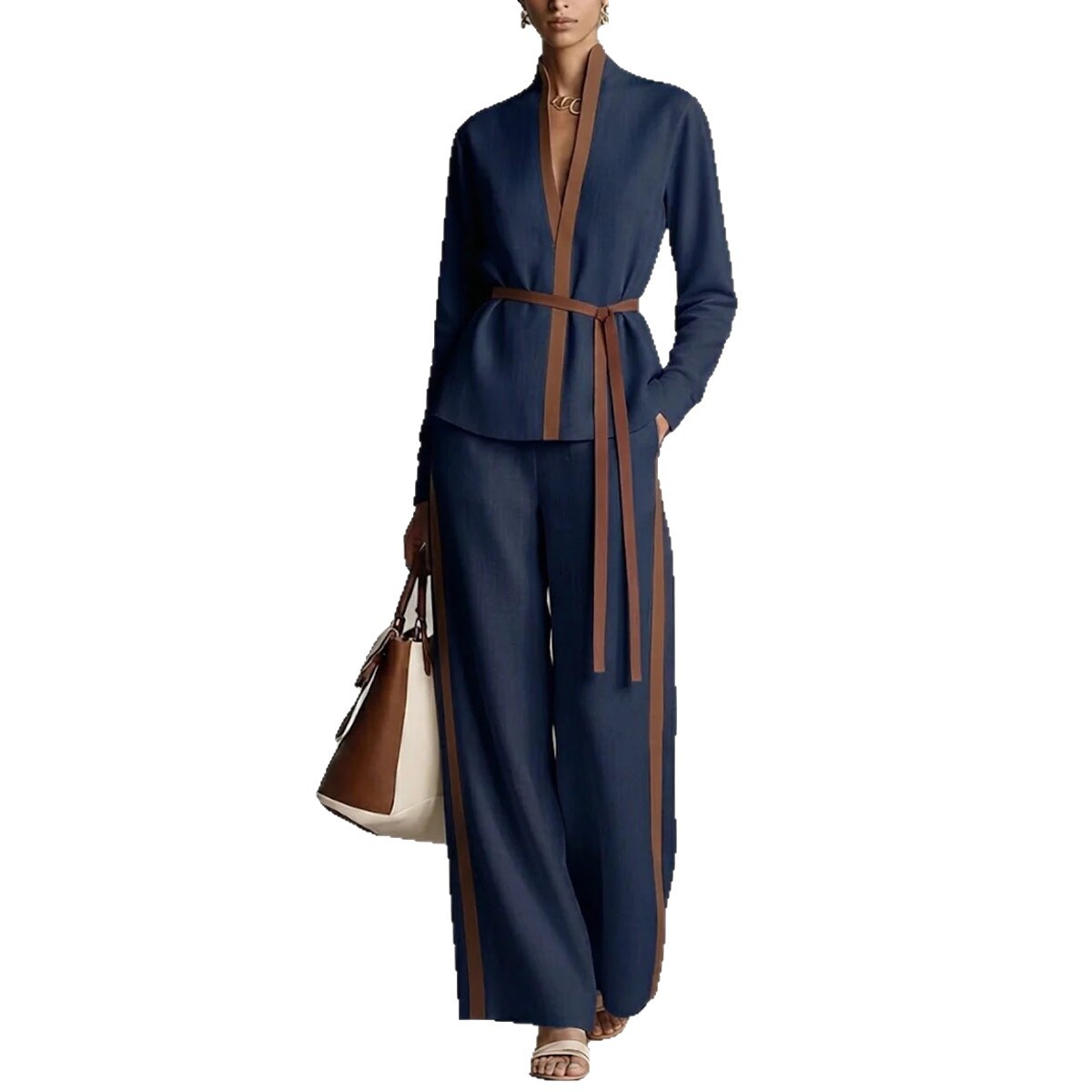 Ensemble cardigan à col mandarin et pantalon large pour femme