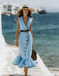 Robe midi tendance en lin mélangé à col en V