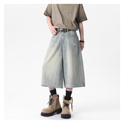 Workwear Striped Capri Denim Shorts