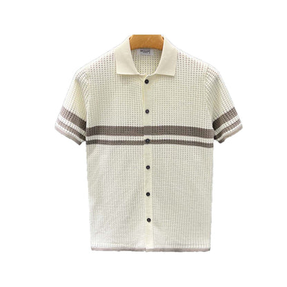 Light-luxury Striped Hollow-out Knit Cardigan With Short Sleeves